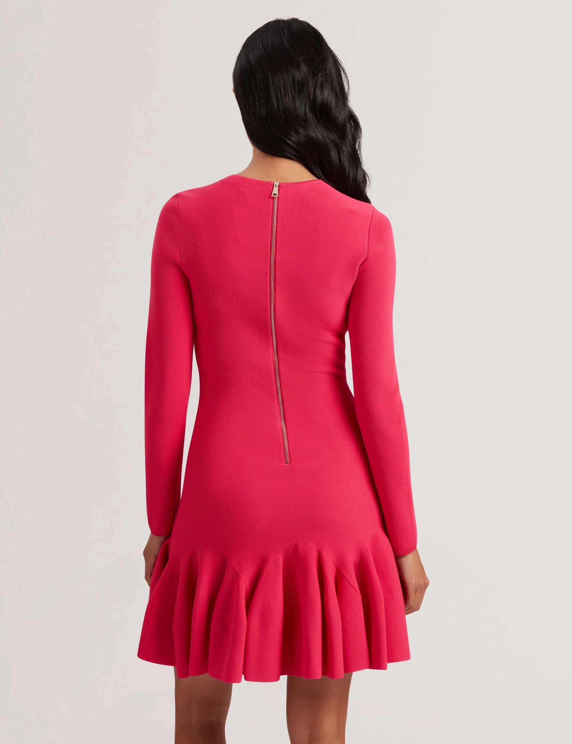 Ted Baker LOISSS - Flounce Hem Long Sleeve Knitted Mini Dress FUCHSIA
