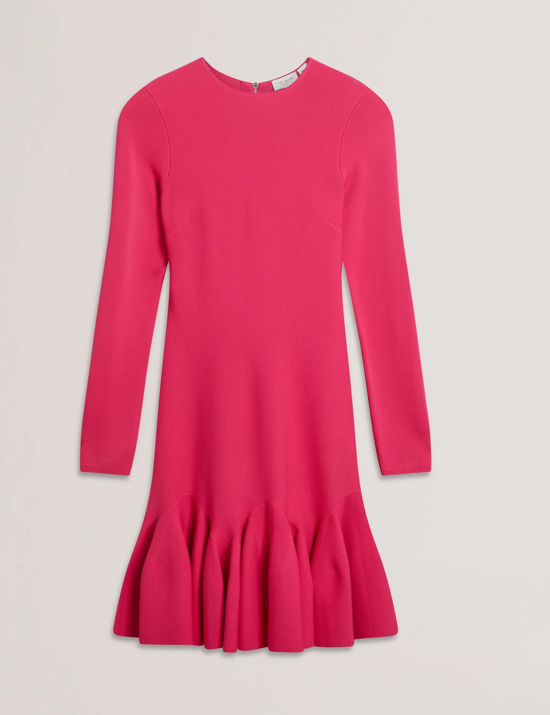 Ted Baker LOISSS - Flounce Hem Long Sleeve Knitted Mini Dress FUCHSIA