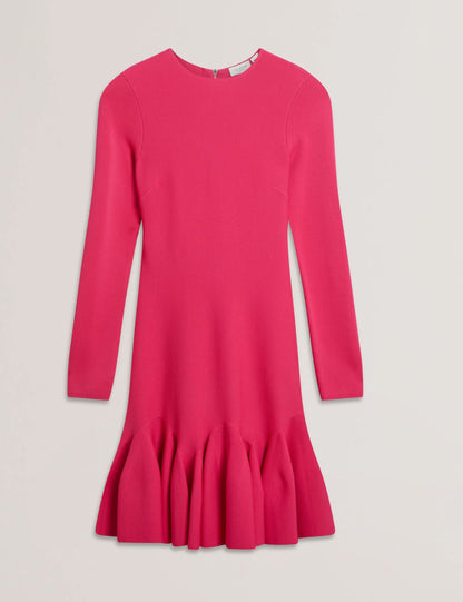 Ted Baker LOISSS - Flounce Hem Long Sleeve Knitted Mini Dress FUCHSIA