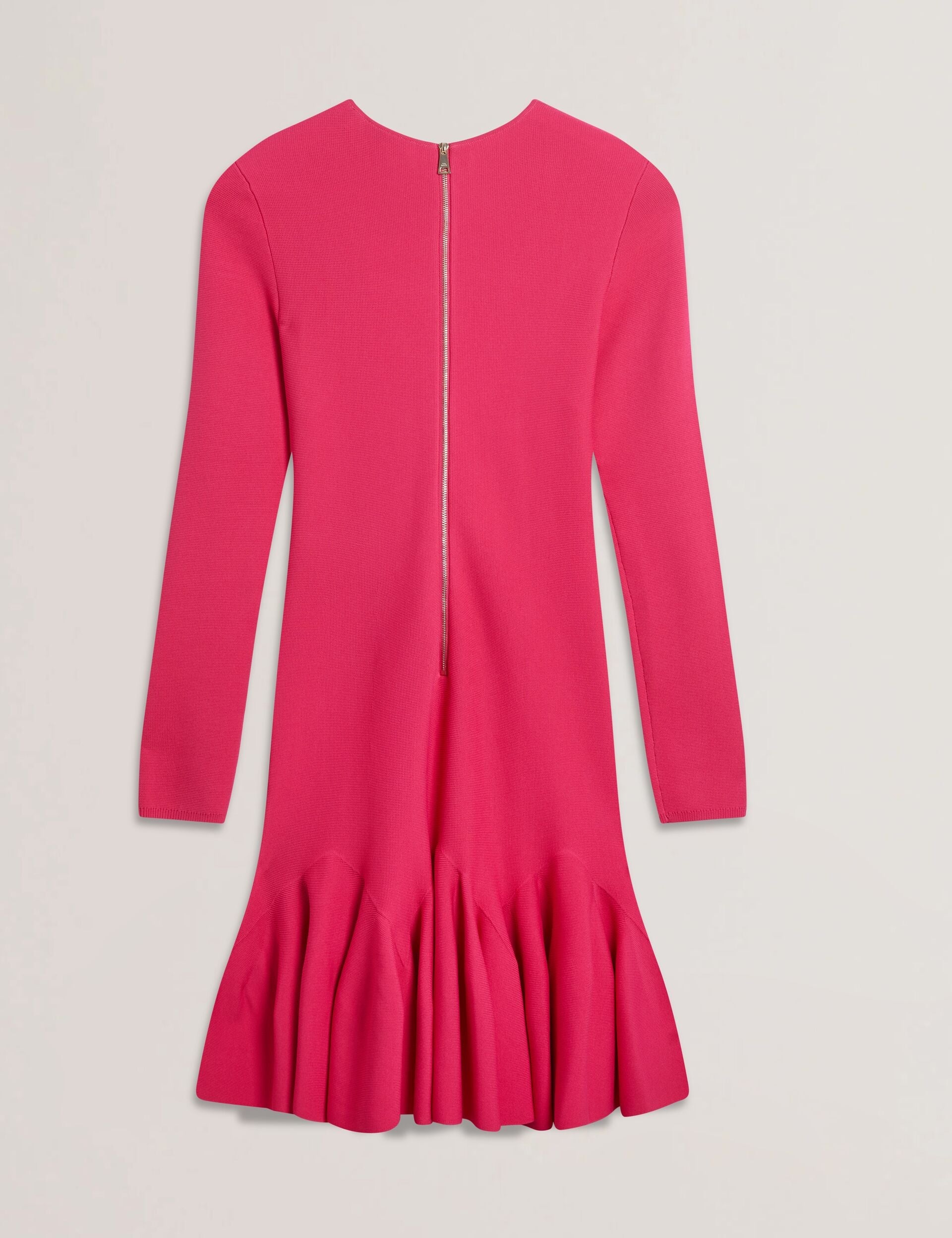 Ted Baker LOISSS - Flounce Hem Long Sleeve Knitted Mini Dress FUCHSIA