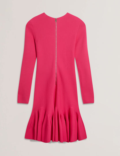 Ted Baker LOISSS - Flounce Hem Long Sleeve Knitted Mini Dress FUCHSIA