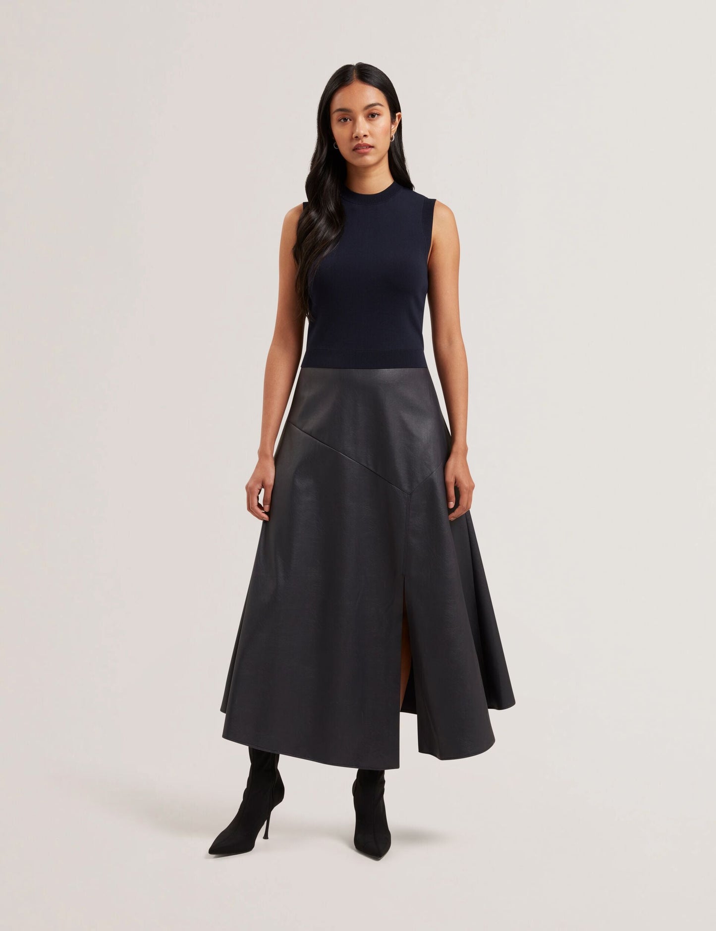 Ted Baker LABASA - Sleeveless Knit Faux Leather Midi Dress NAVY