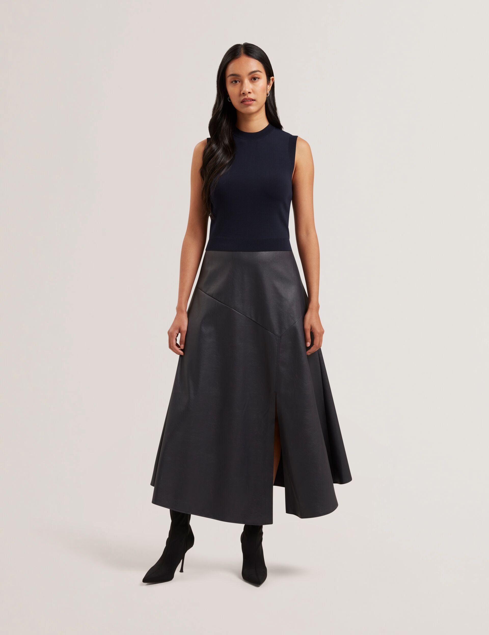 Ted Baker LABASA - Sleeveless Knit Faux Leather Midi Dress NAVY