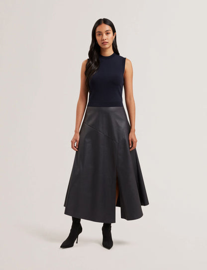 Ted Baker LABASA - Sleeveless Knit Faux Leather Midi Dress NAVY