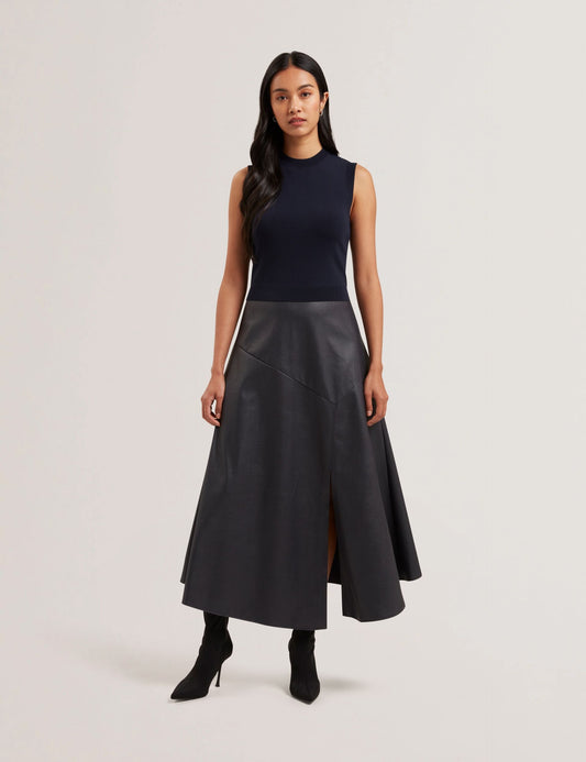 Ted Baker LABASA - Sleeveless Knit Faux Leather Midi Dress NAVY