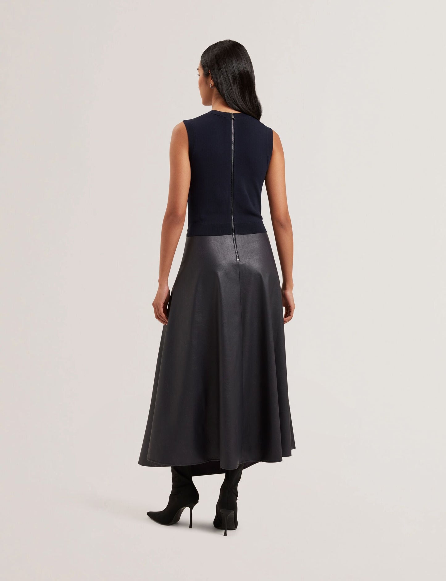 Ted Baker LABASA - Sleeveless Knit Faux Leather Midi Dress NAVY