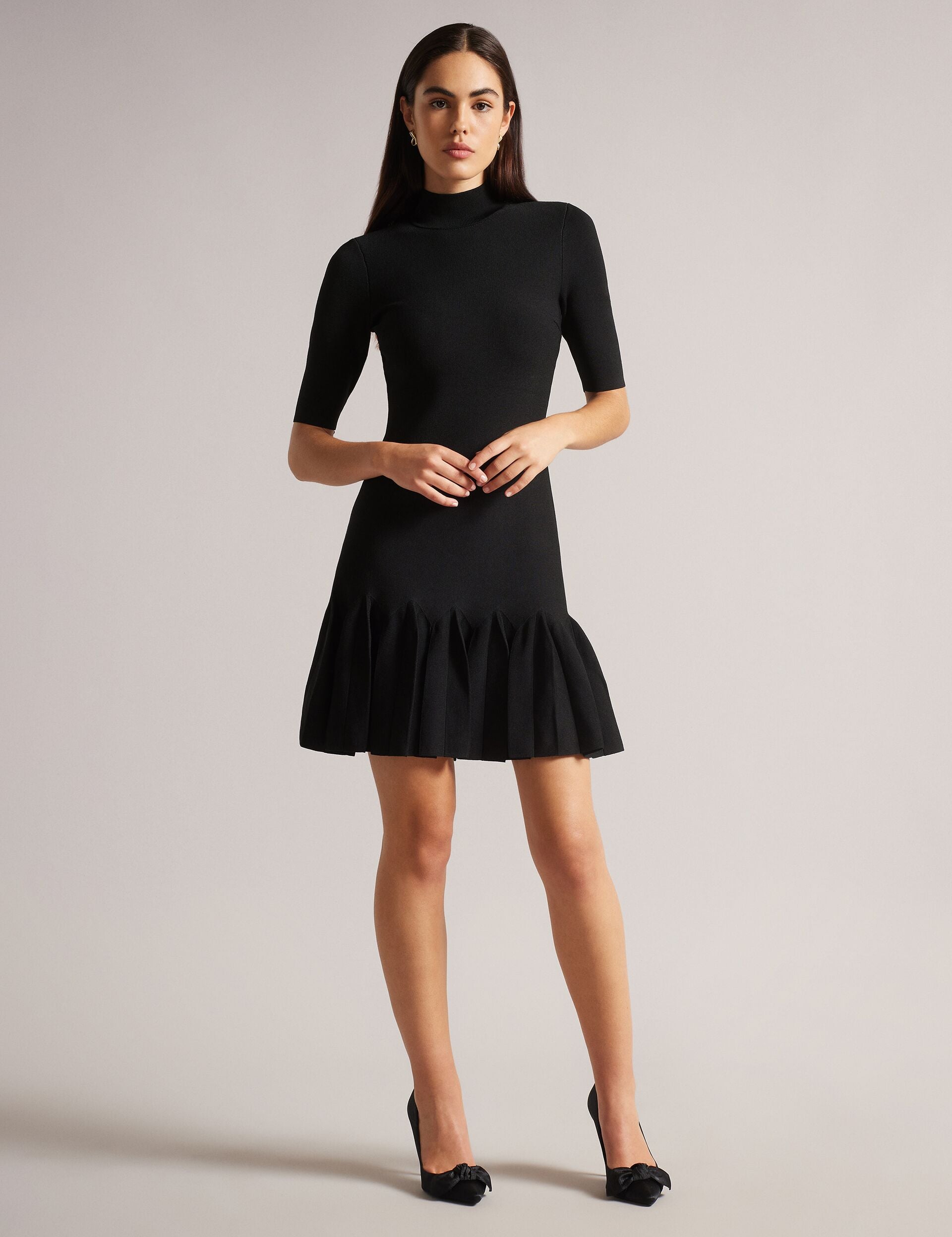Ted Baker CANDDY - Pleated Hem Bodycon Knit Mini Dress BLACK