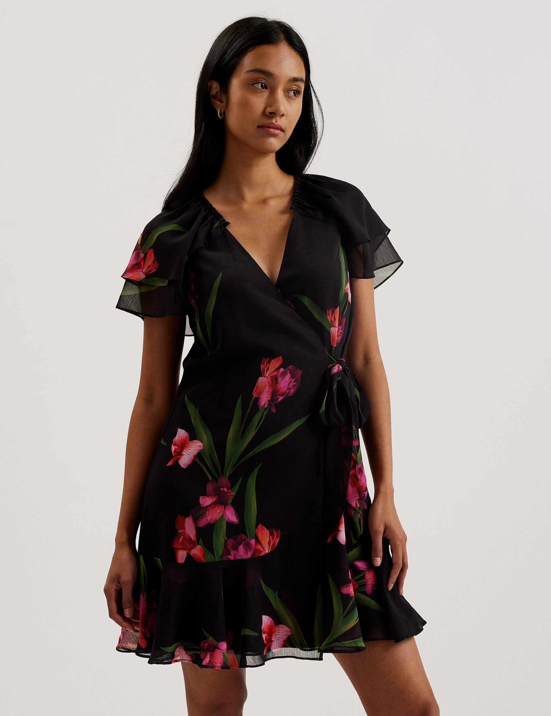 Ted Baker FASNIA - Floral Angel Sleeve Wrap Mini Dress BLACK