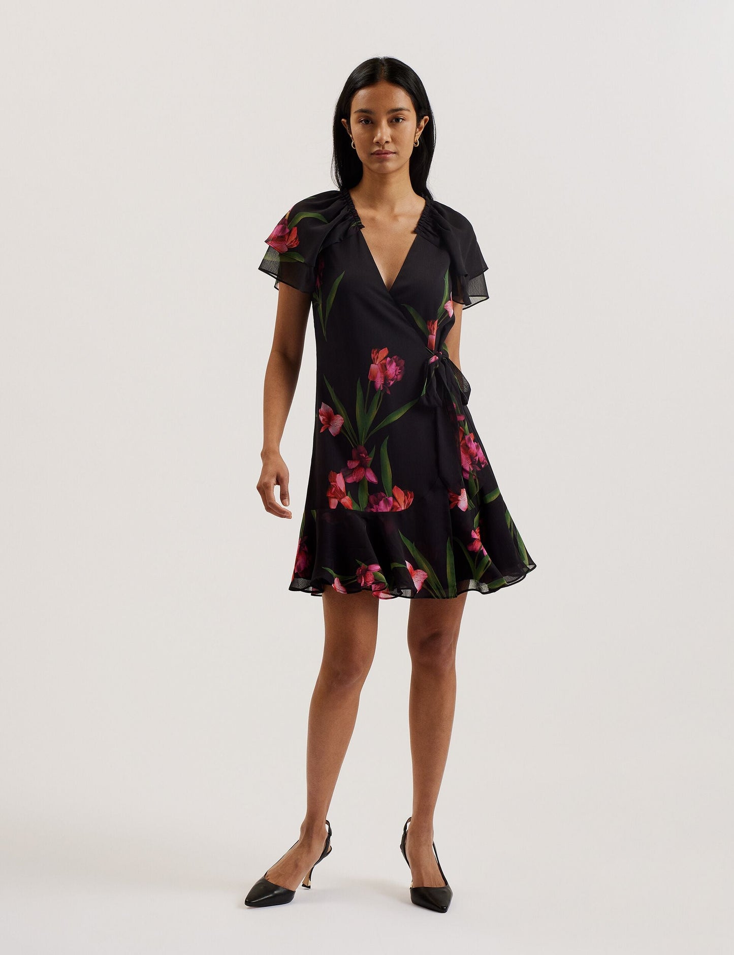 Ted Baker FASNIA - Floral Angel Sleeve Wrap Mini Dress BLACK