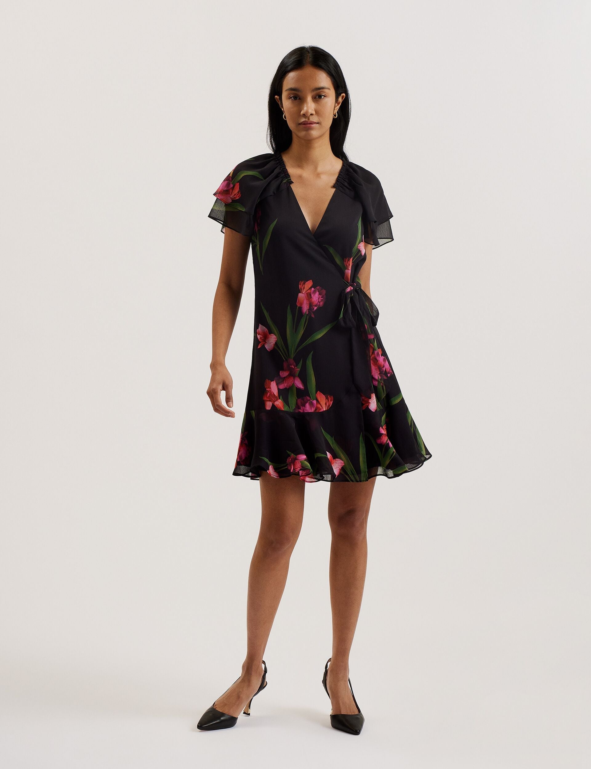 Ted Baker FASNIA - Floral Angel Sleeve Wrap Mini Dress BLACK