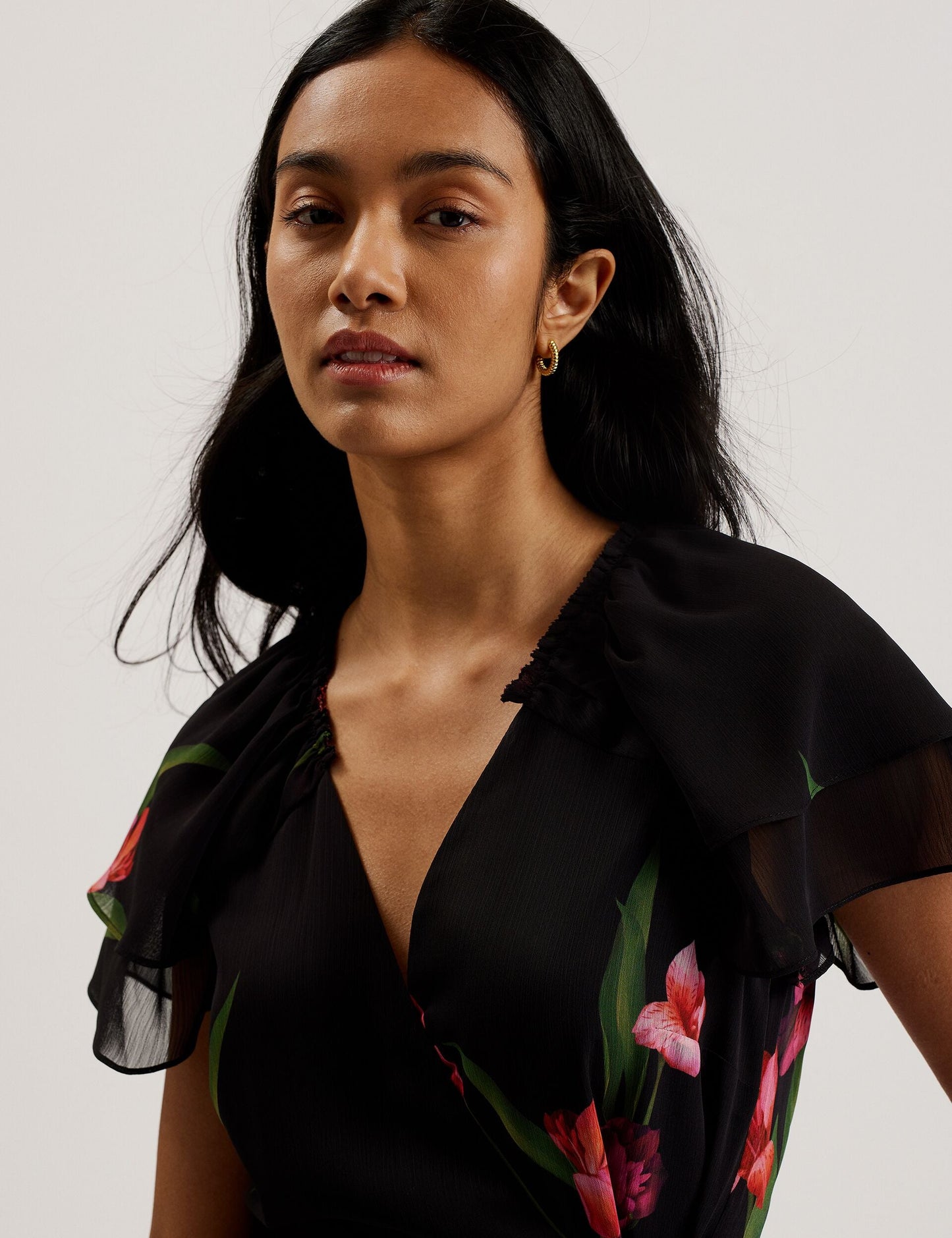 Ted Baker FASNIA - Floral Angel Sleeve Wrap Mini Dress BLACK