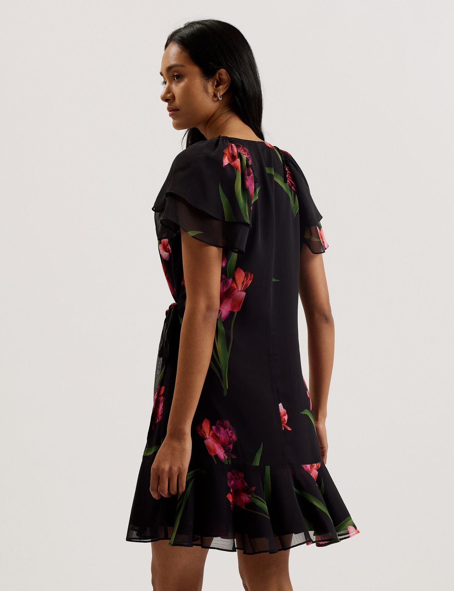 Ted Baker FASNIA - Floral Angel Sleeve Wrap Mini Dress BLACK