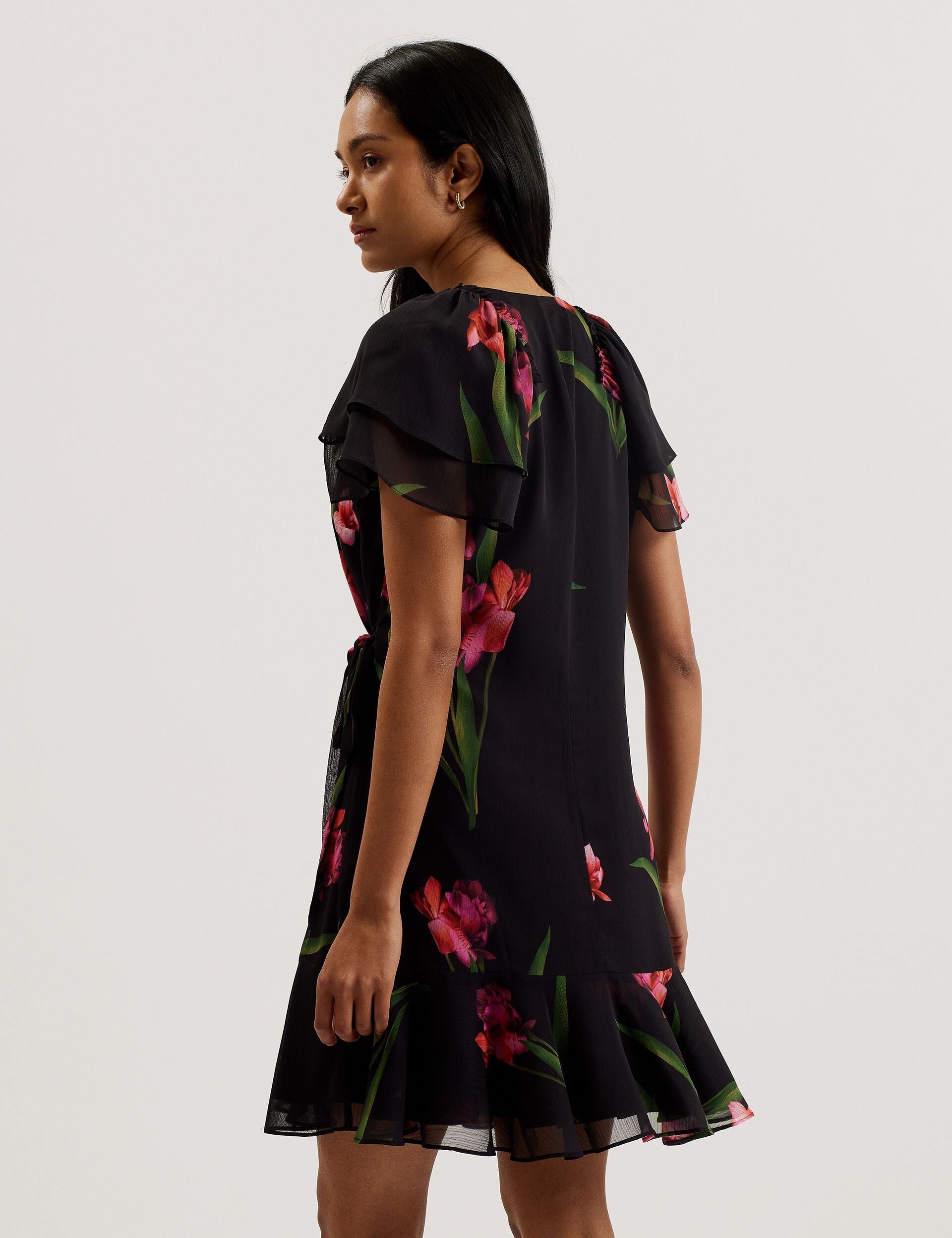 Ted Baker FASNIA - Floral Angel Sleeve Wrap Mini Dress BLACK