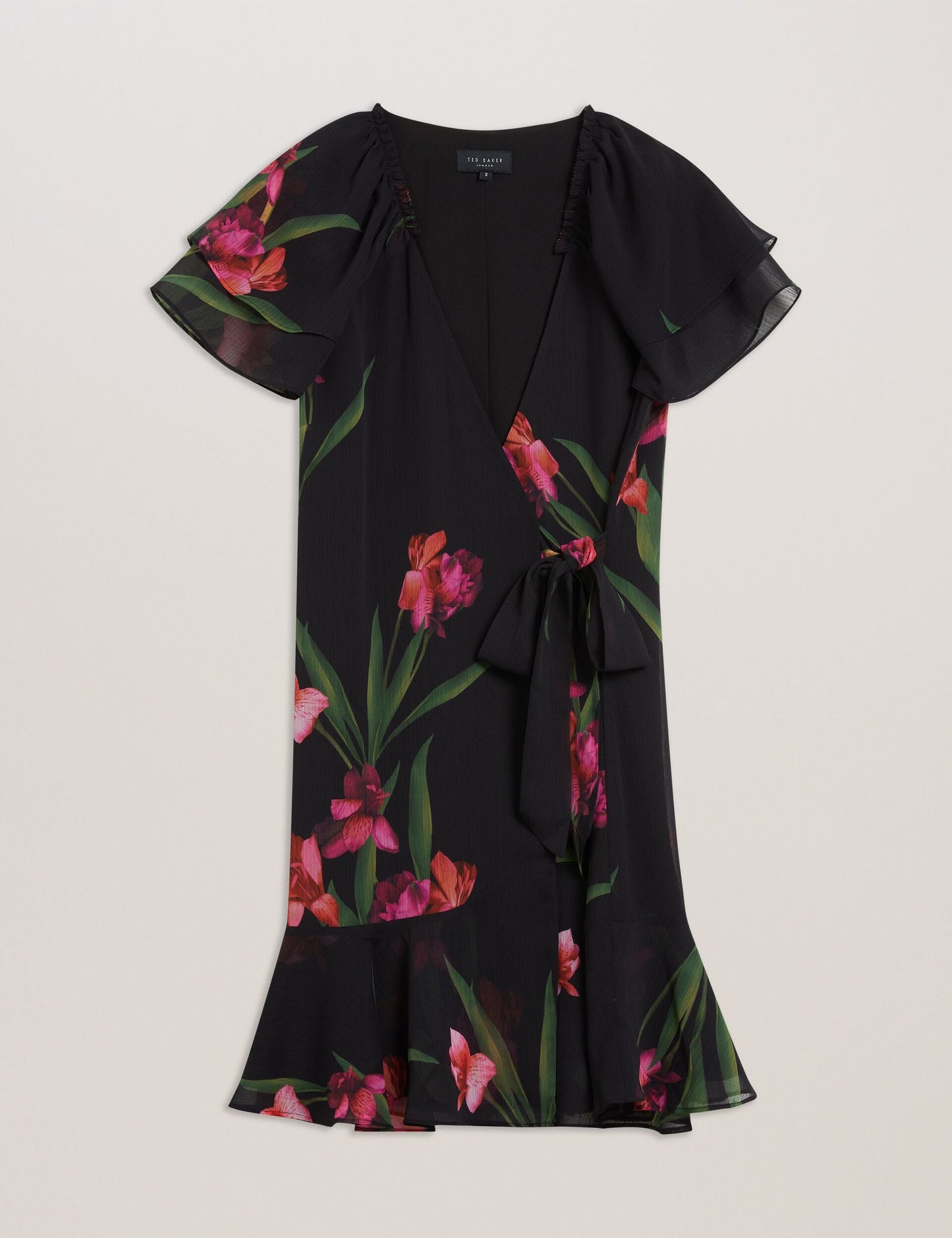 Ted Baker FASNIA - Floral Angel Sleeve Wrap Mini Dress BLACK