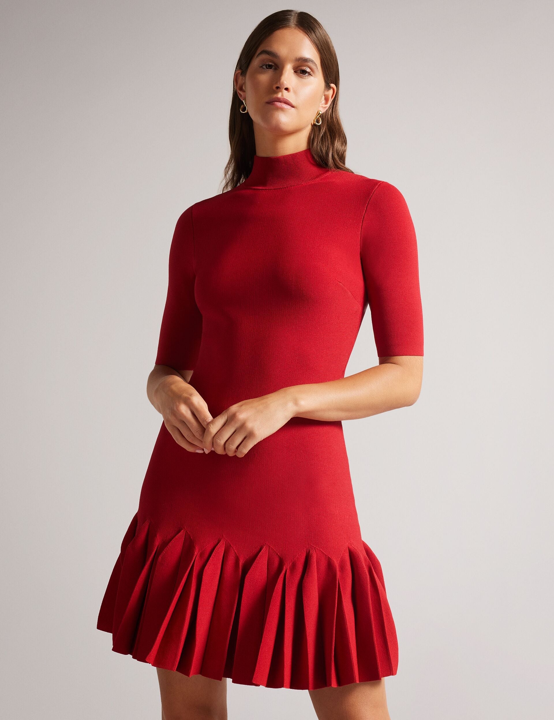 Ted Baker CANDDY - Pleated Hem Bodycon Knit Mini Dress RED