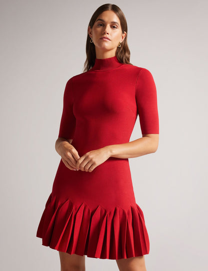 Ted Baker CANDDY - Pleated Hem Bodycon Knit Mini Dress RED