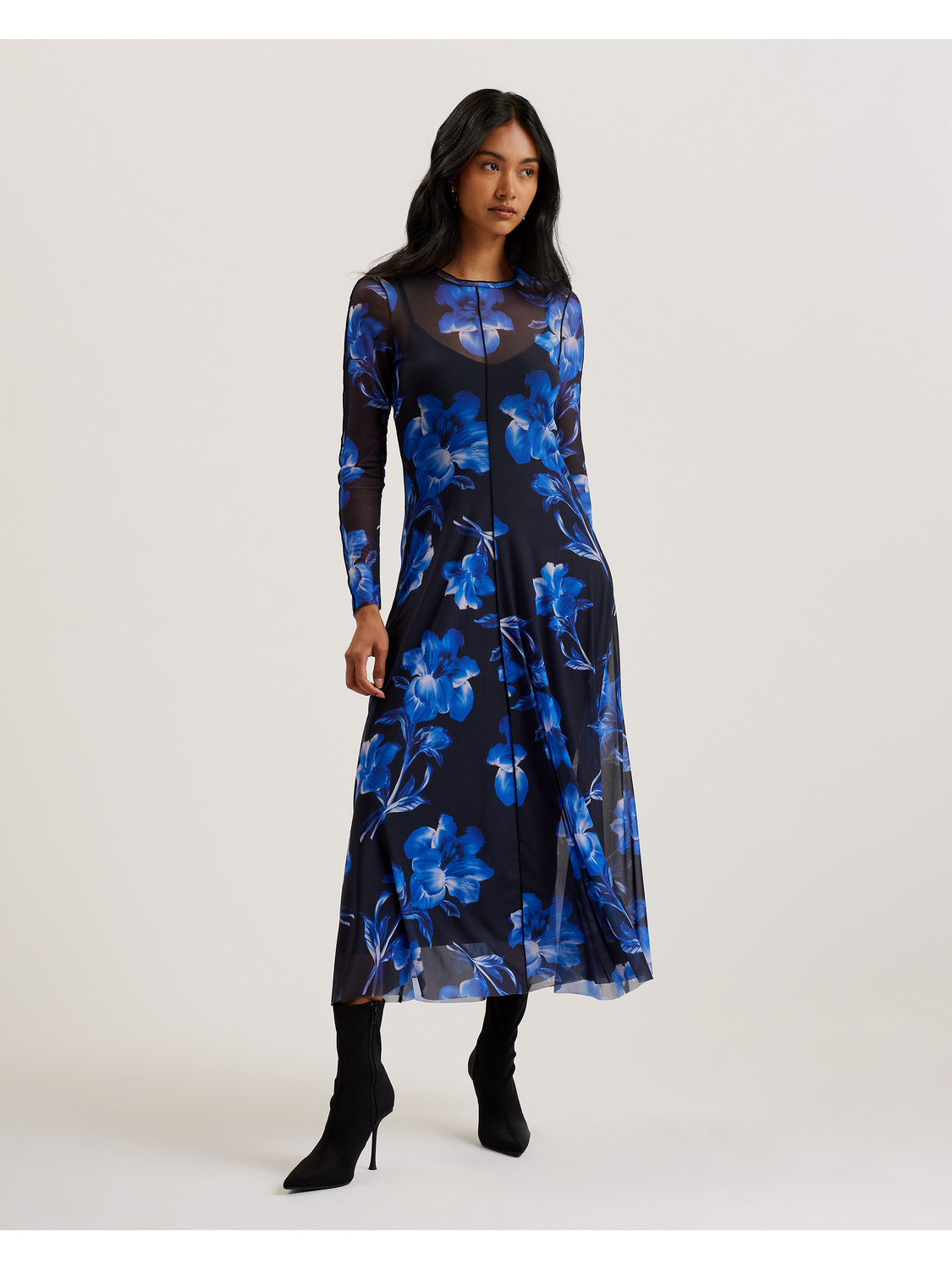 Ted Baker ROZEEN - Mesh Long Sleeve Printed Dress BLUE