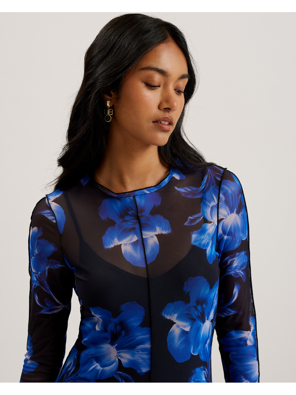Ted Baker ROZEEN - Mesh Long Sleeve Printed Dress BLUE