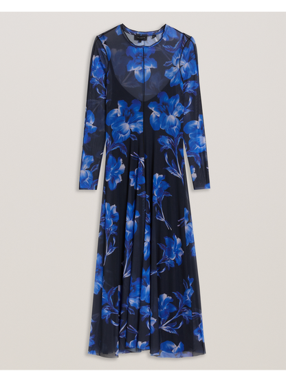 Ted Baker ROZEEN - Mesh Long Sleeve Printed Dress BLUE
