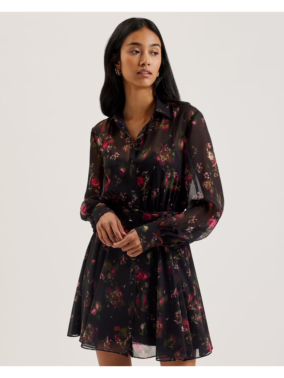 Ted Baker EBENE - Floral Print Belted Mini Shirt Dress BLACK