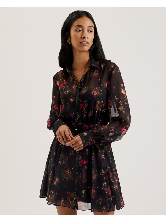 Ted Baker EBENE - Floral Print Belted Mini Shirt Dress BLACK