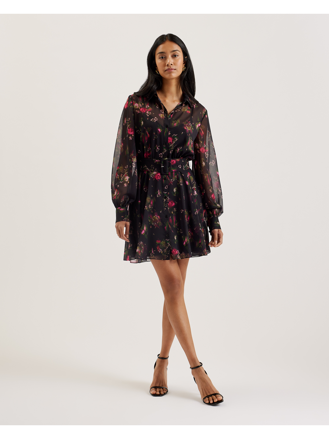 Ted Baker EBENE - Floral Print Belted Mini Shirt Dress BLACK