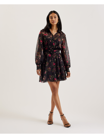 Ted Baker EBENE - Floral Print Belted Mini Shirt Dress BLACK
