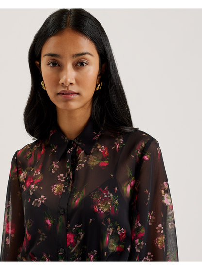 Ted Baker EBENE - Floral Print Belted Mini Shirt Dress BLACK
