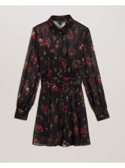 Ted Baker EBENE - Floral Print Belted Mini Shirt Dress BLACK