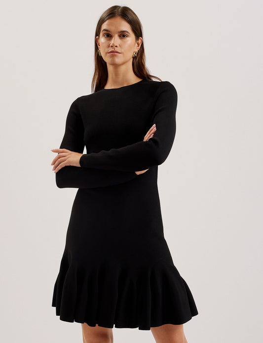 Ted Baker LOISSS - Flounce Hem Long Sleeve Knitted Mini Dress BLACK