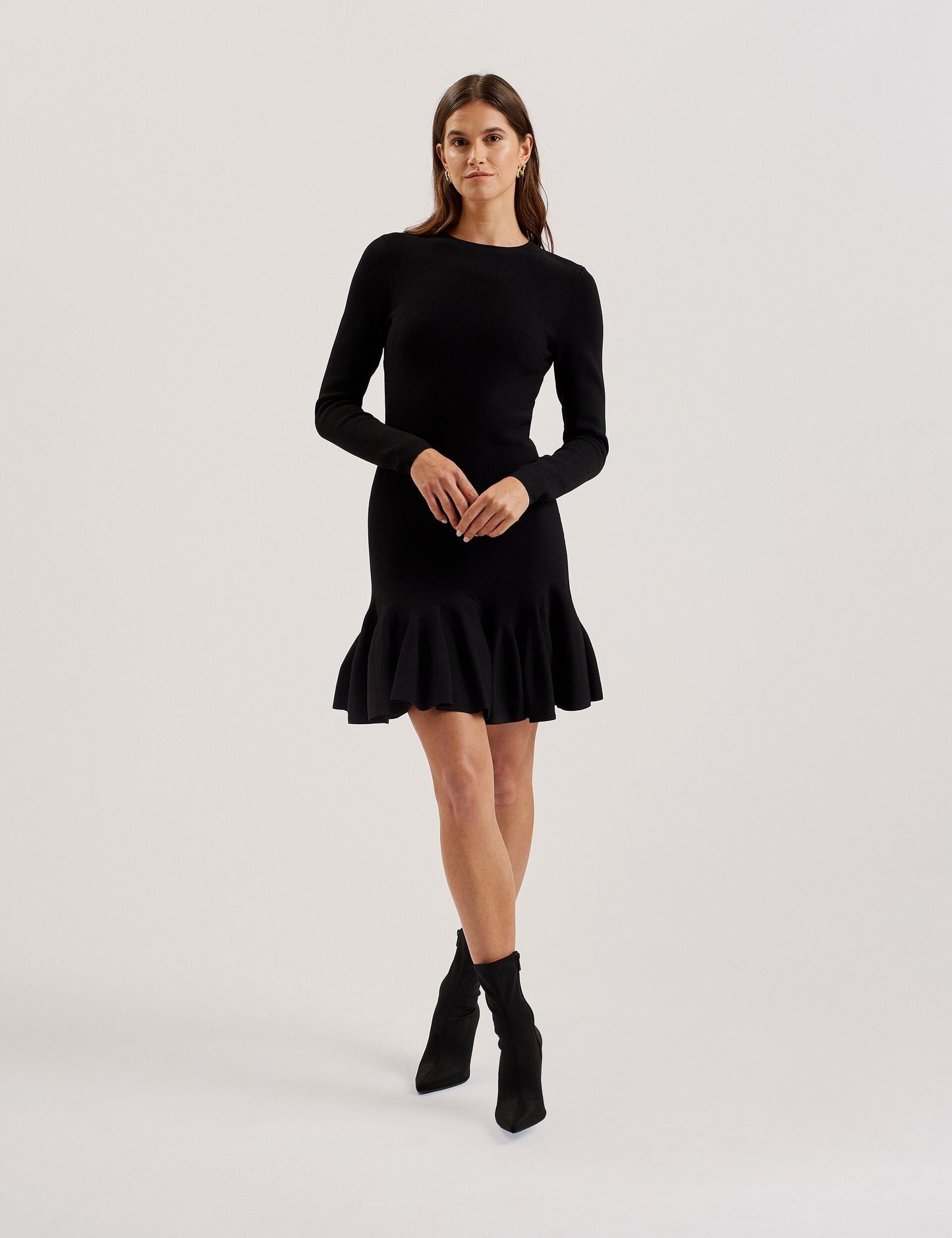Ted Baker LOISSS - Flounce Hem Long Sleeve Knitted Mini Dress BLACK