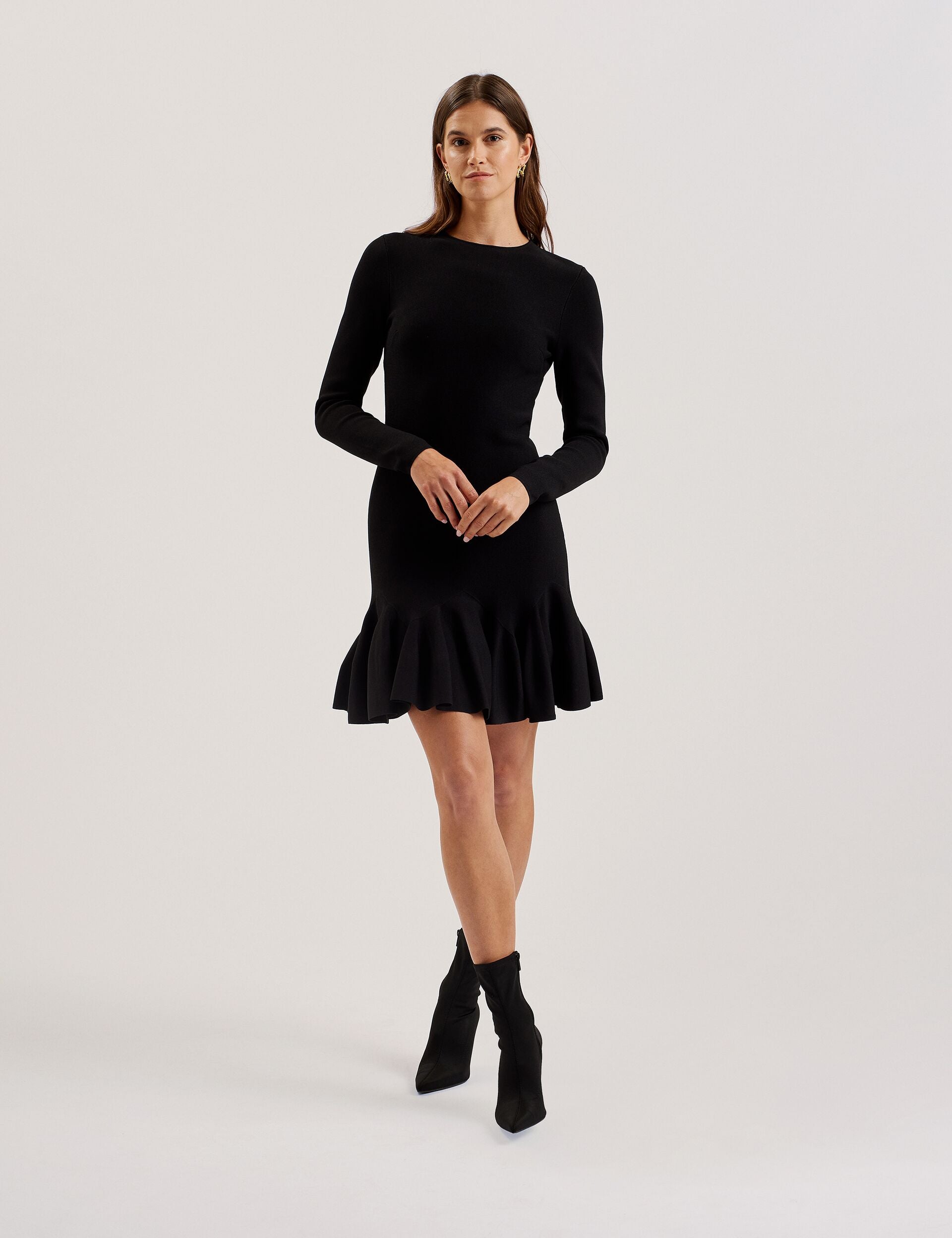 Ted Baker LOISSS - Flounce Hem Long Sleeve Knitted Mini Dress BLACK