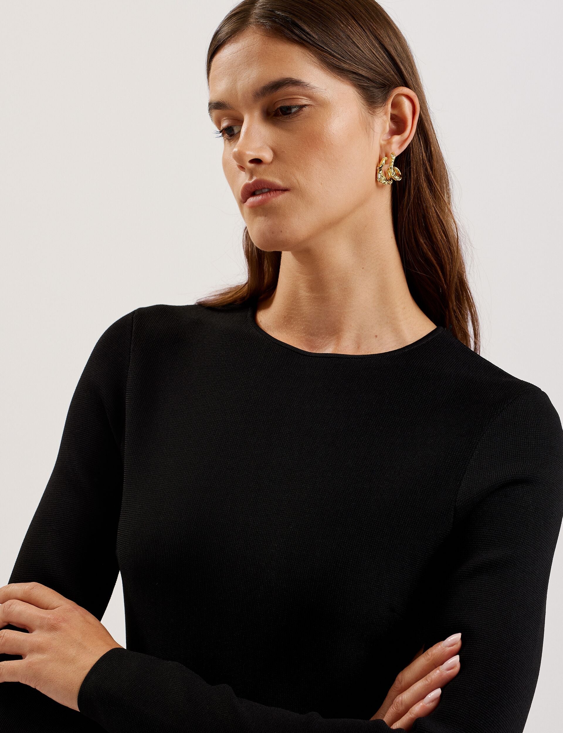 Ted Baker LOISSS - Flounce Hem Long Sleeve Knitted Mini Dress BLACK