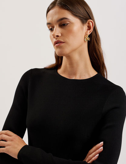Ted Baker LOISSS - Flounce Hem Long Sleeve Knitted Mini Dress BLACK