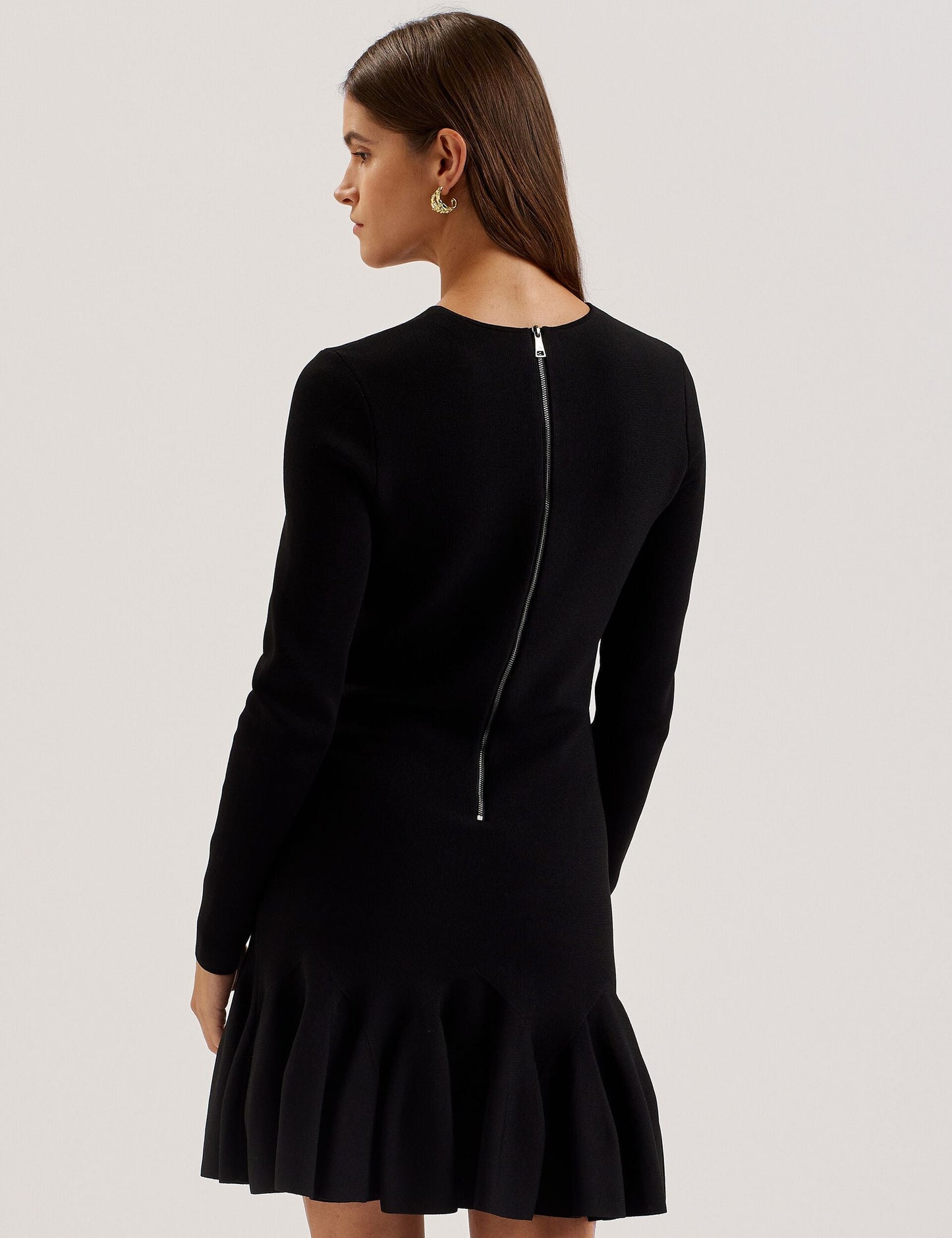 Ted Baker LOISSS - Flounce Hem Long Sleeve Knitted Mini Dress BLACK