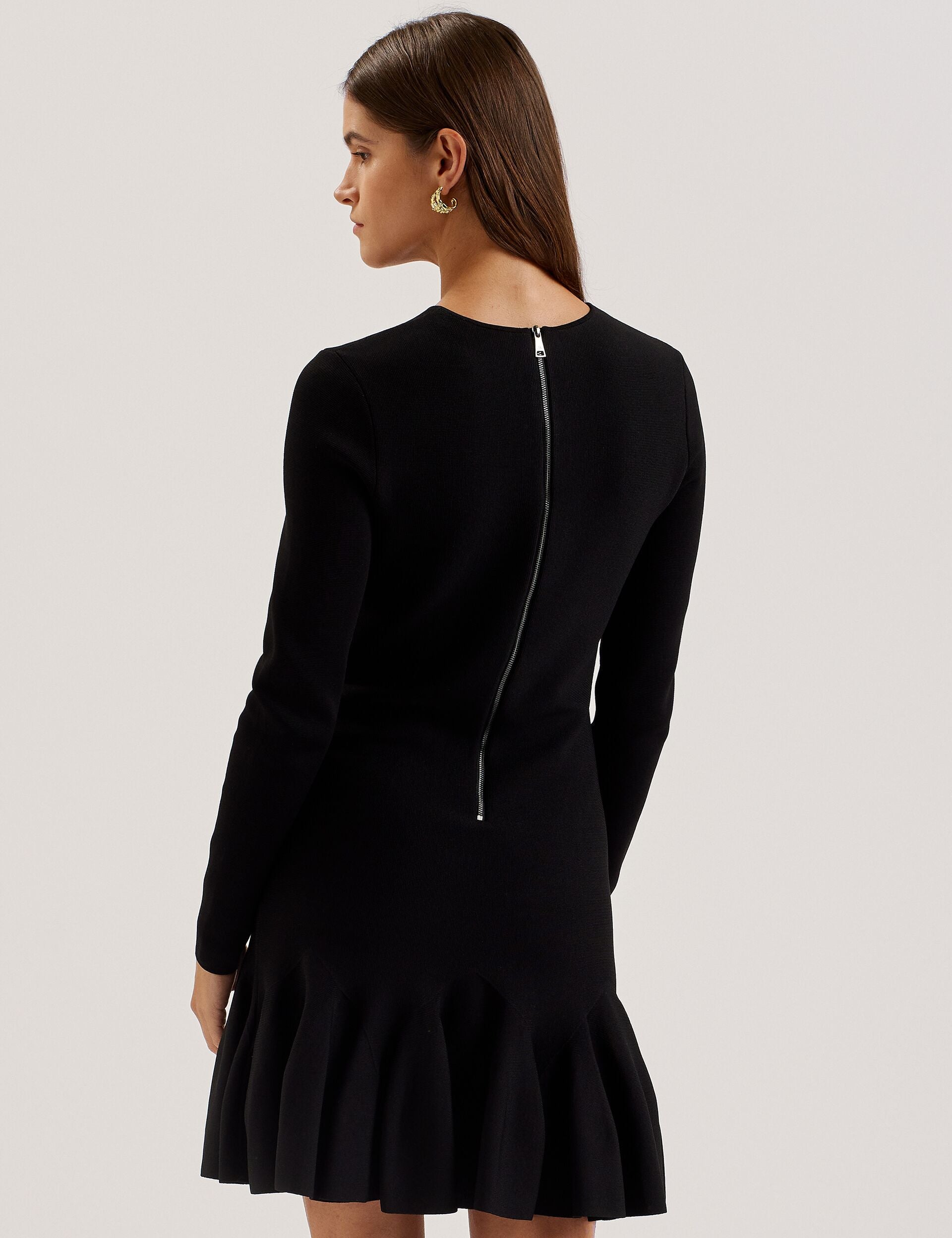 Ted Baker LOISSS - Flounce Hem Long Sleeve Knitted Mini Dress BLACK