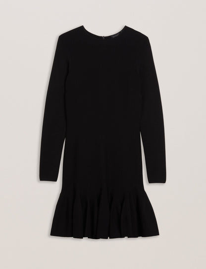 Ted Baker LOISSS - Flounce Hem Long Sleeve Knitted Mini Dress BLACK