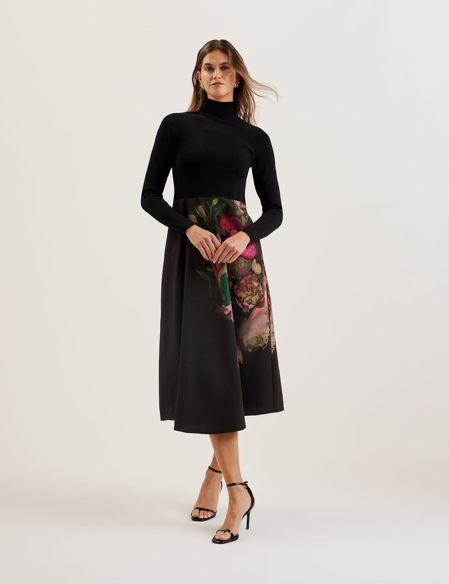 Ted Baker ASNES - Knit Bodice Midi Dress With Printed Skirt BLACK