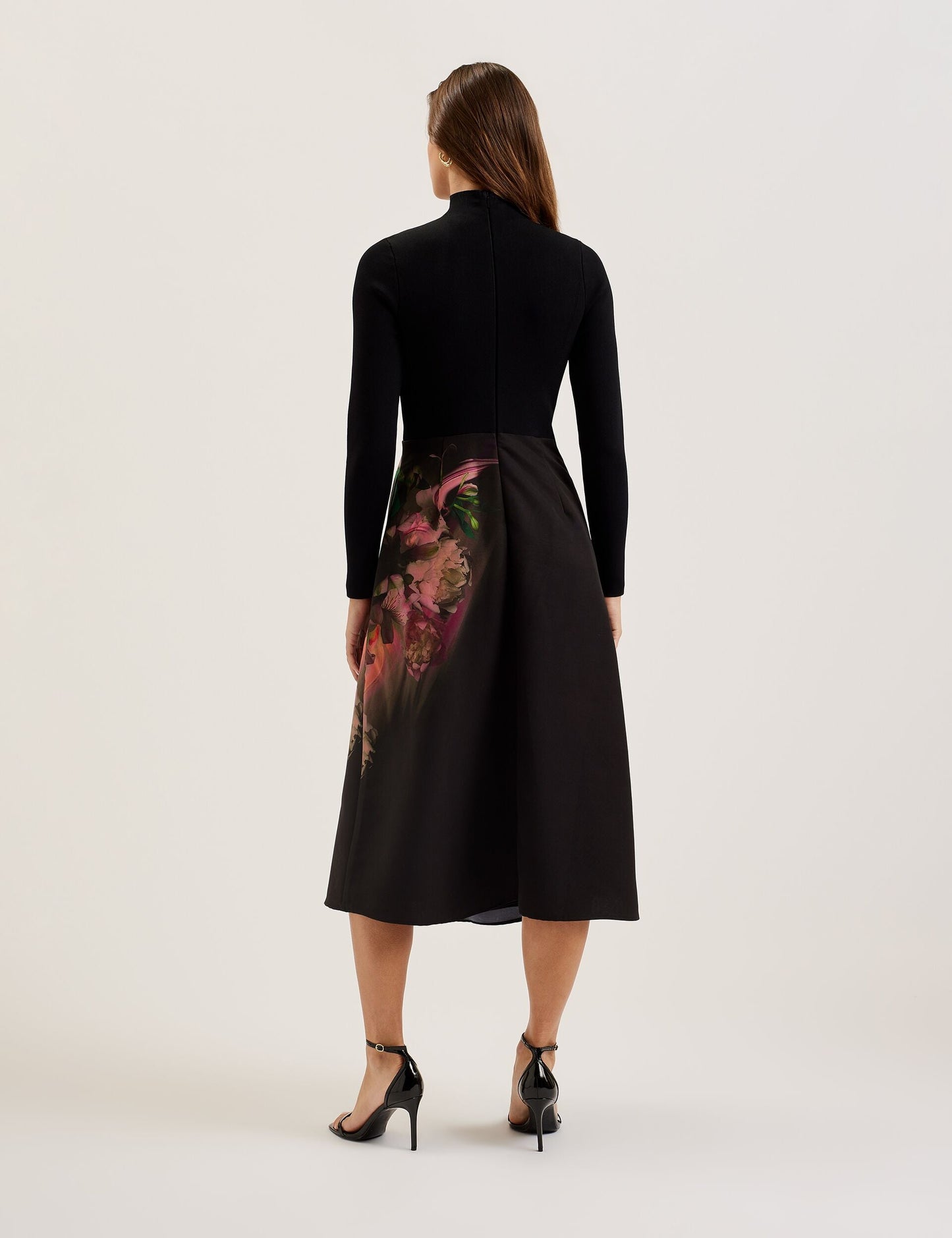 Ted Baker ASNES - Knit Bodice Midi Dress With Printed Skirt BLACK