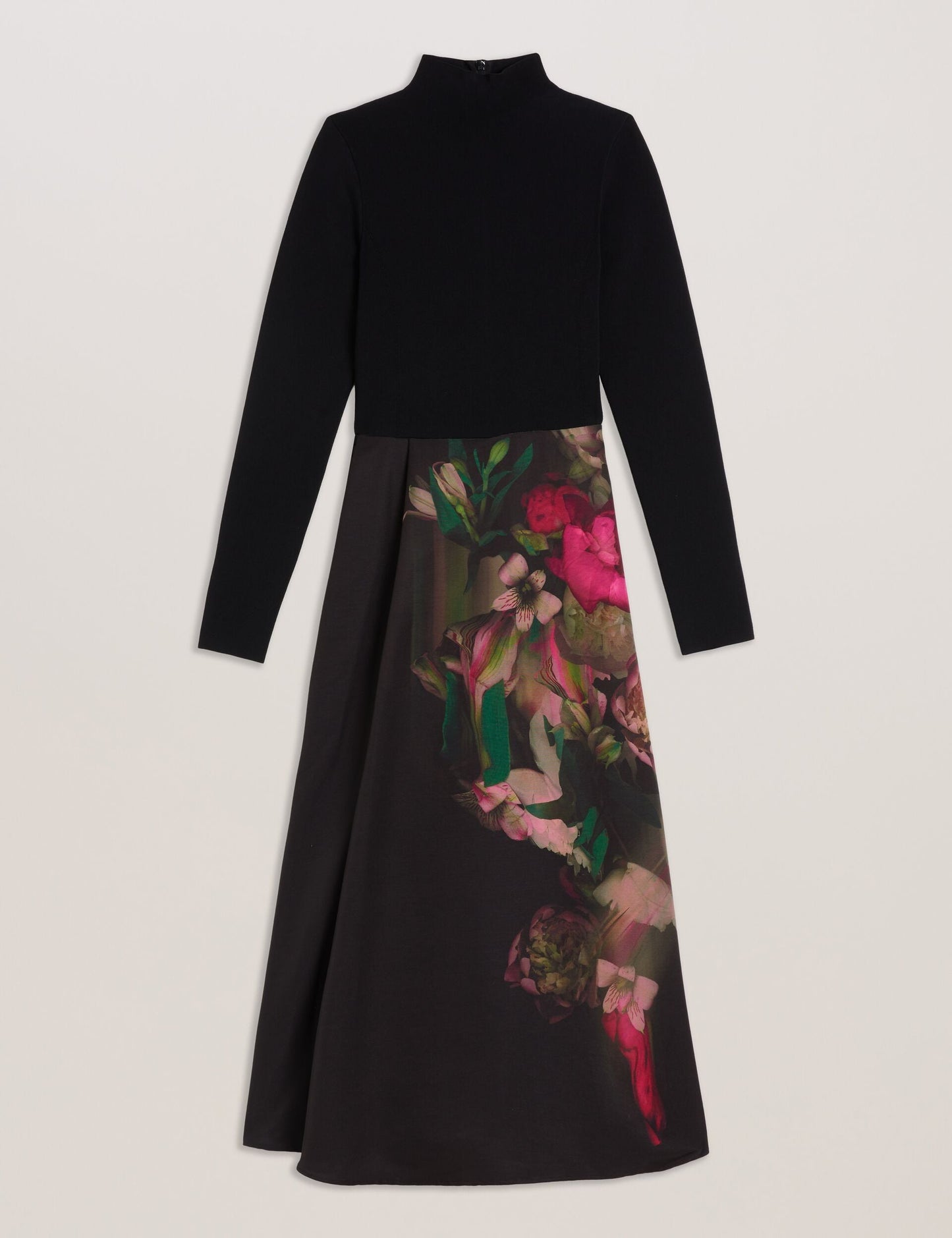 Ted Baker ASNES - Knit Bodice Midi Dress With Printed Skirt BLACK