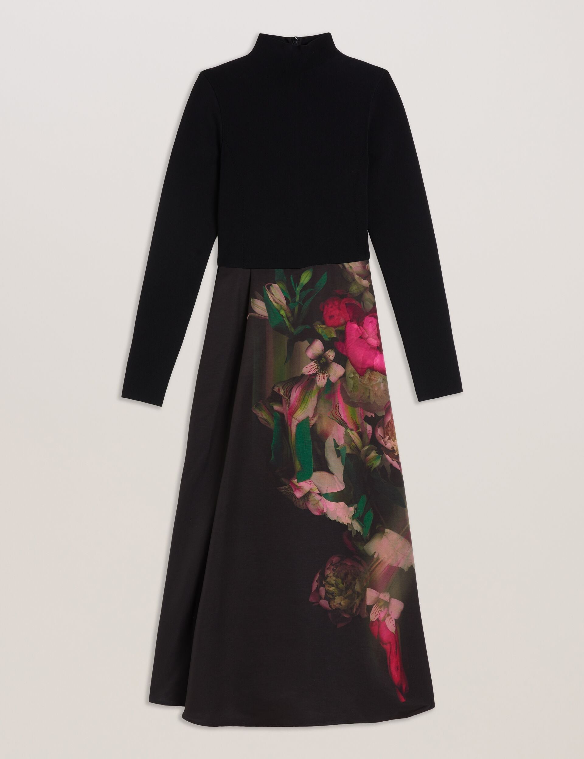 Ted Baker ASNES - Knit Bodice Midi Dress With Printed Skirt BLACK