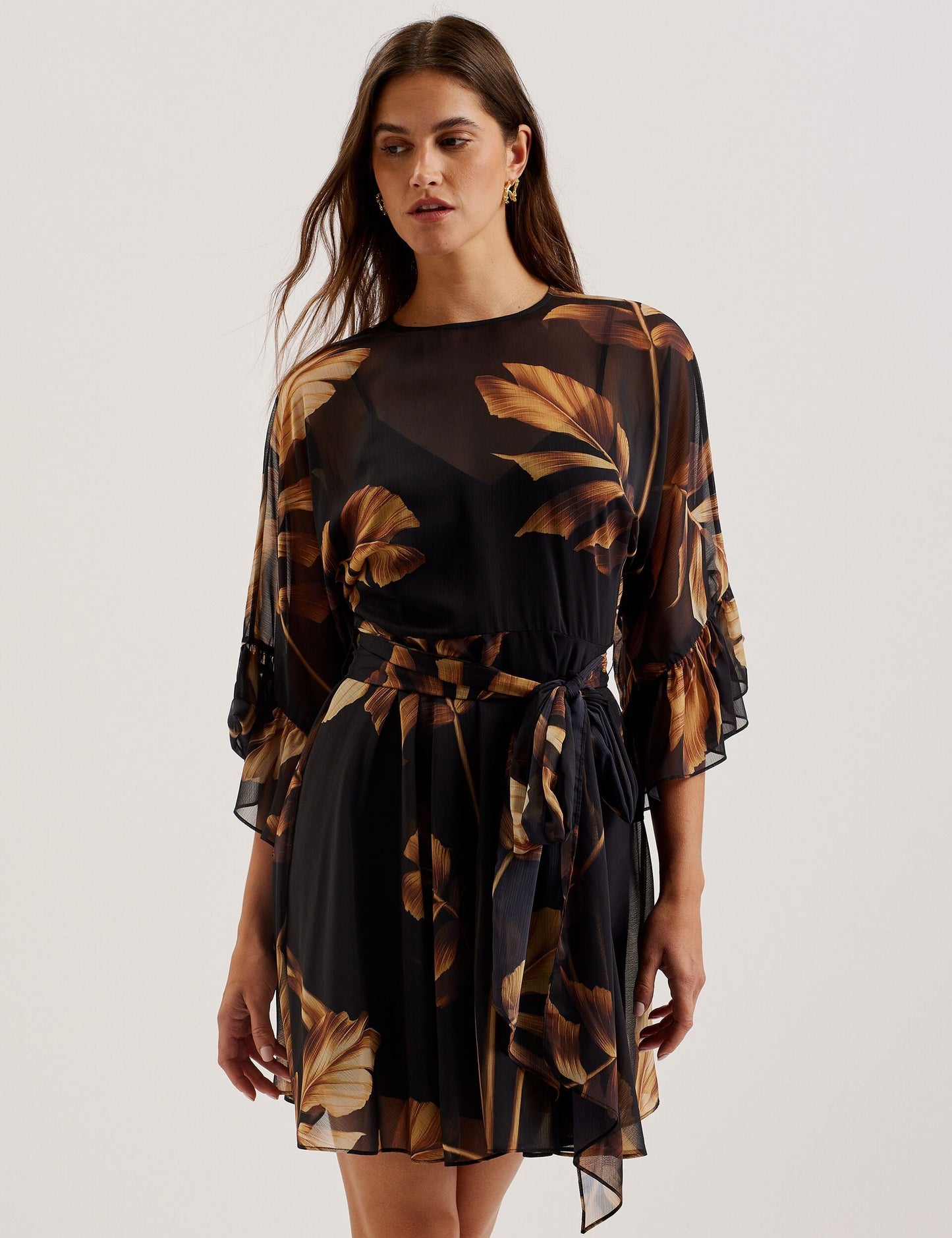 Ted Baker ELSTER - Printed Chiffon Mini Dress With Tie Waist BLACK