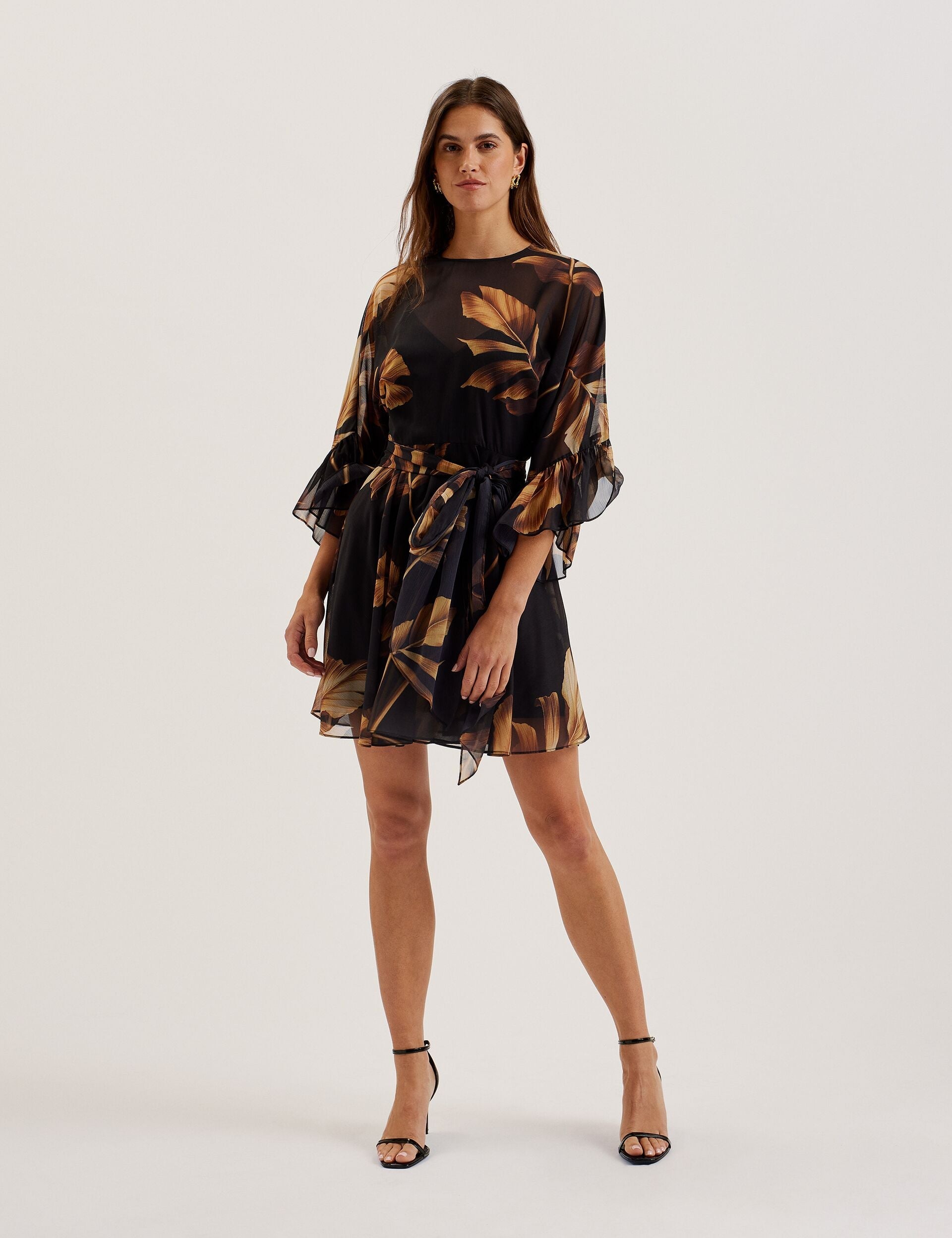 Ted Baker ELSTER - Printed Chiffon Mini Dress With Tie Waist BLACK