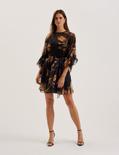 Ted Baker ELSTER - Printed Chiffon Mini Dress With Tie Waist BLACK