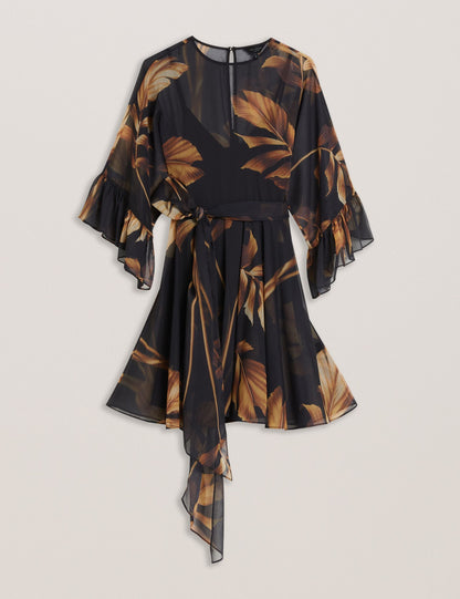 Ted Baker ELSTER - Printed Chiffon Mini Dress With Tie Waist BLACK