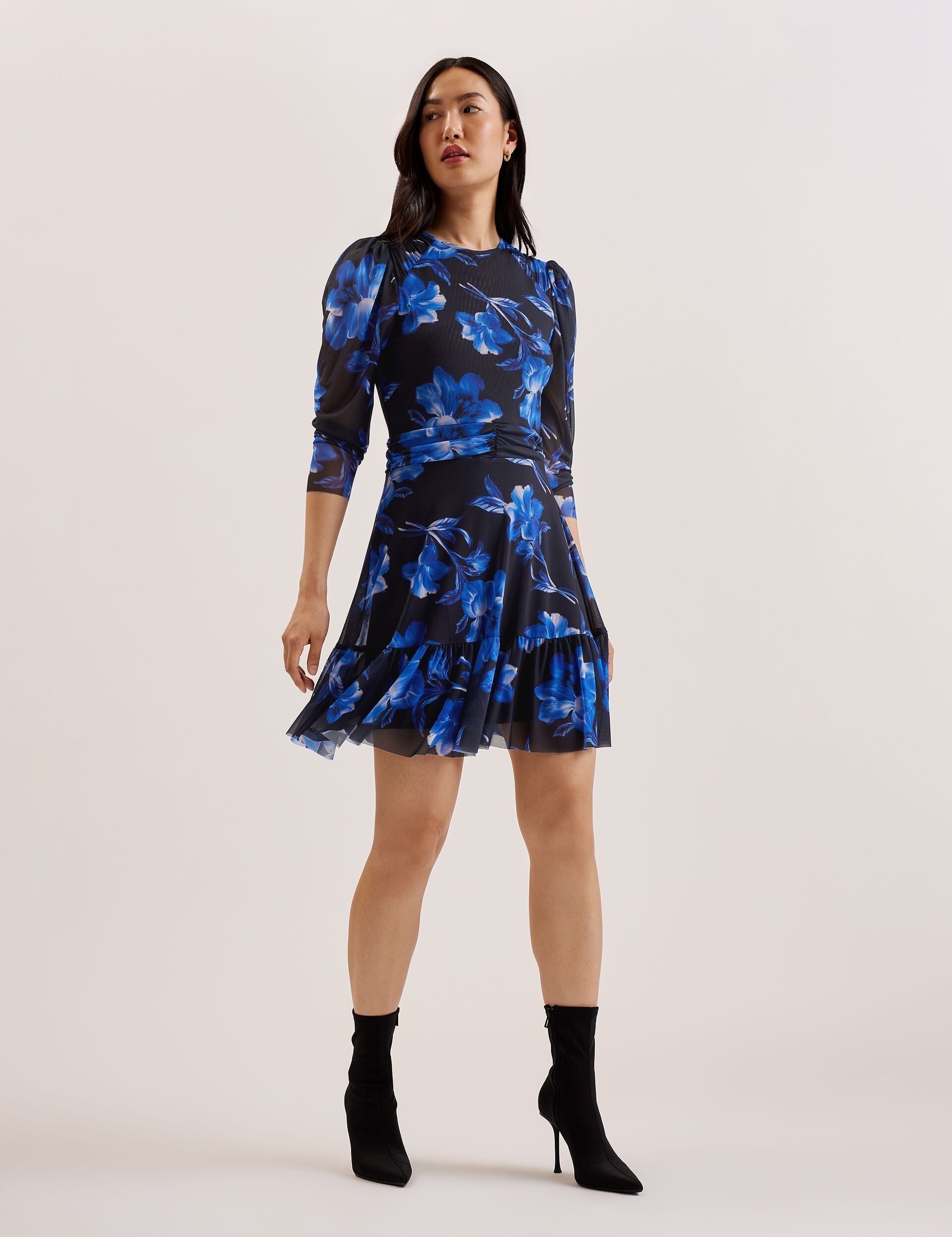 Ted Baker CARMALL - Floral Puff Sleeve Mesh Mini Dress BLUE