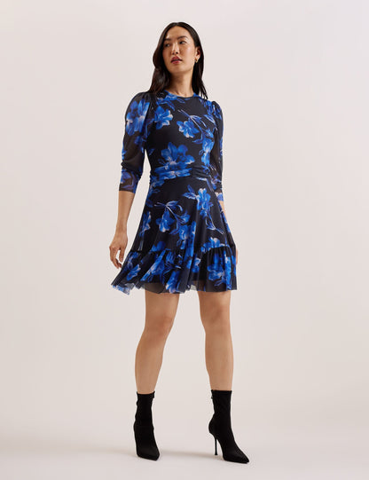 Ted Baker CARMALL - Floral Puff Sleeve Mesh Mini Dress BLUE
