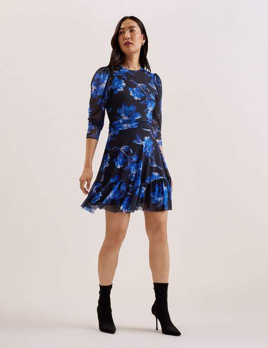 Ted Baker CARMALL - Floral Puff Sleeve Mesh Mini Dress BLUE