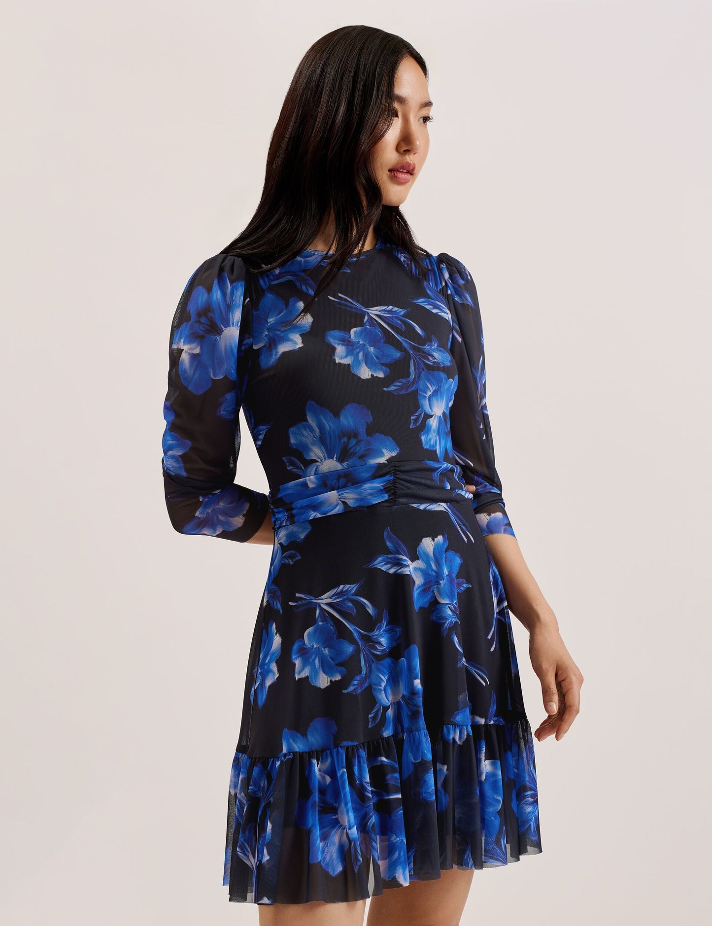 Ted Baker CARMALL - Floral Puff Sleeve Mesh Mini Dress BLUE