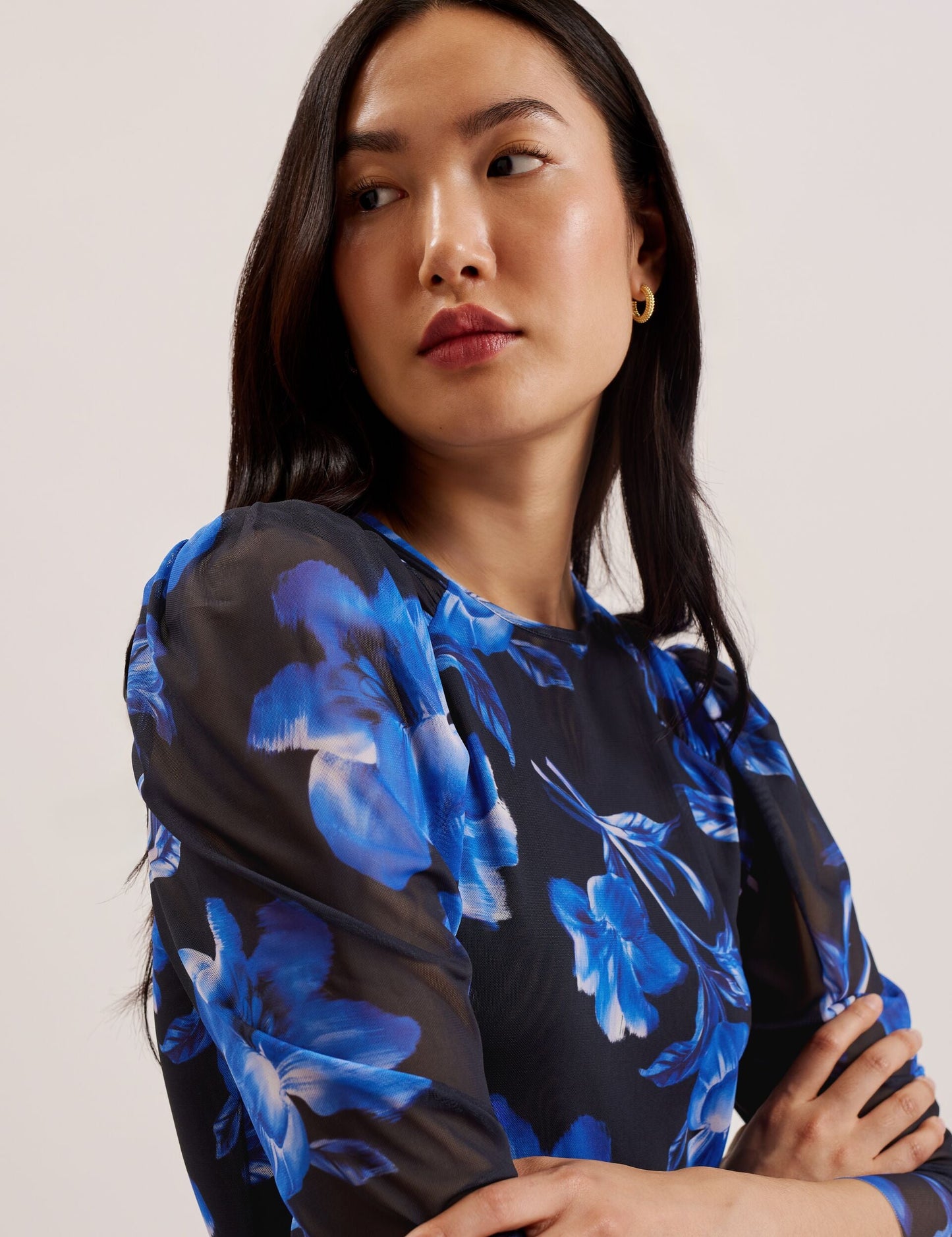 Ted Baker CARMALL - Floral Puff Sleeve Mesh Mini Dress BLUE